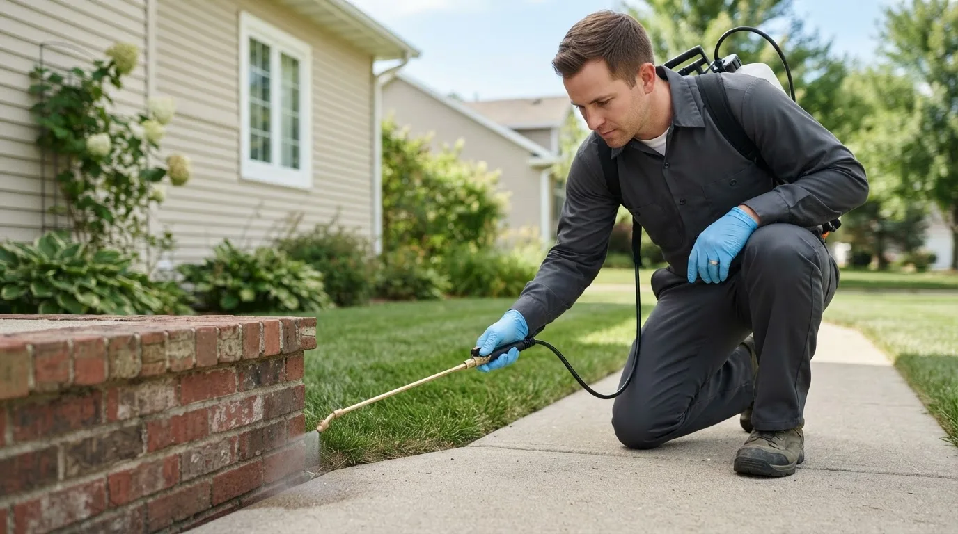 Pest control technician treating a home near Hutto, TX