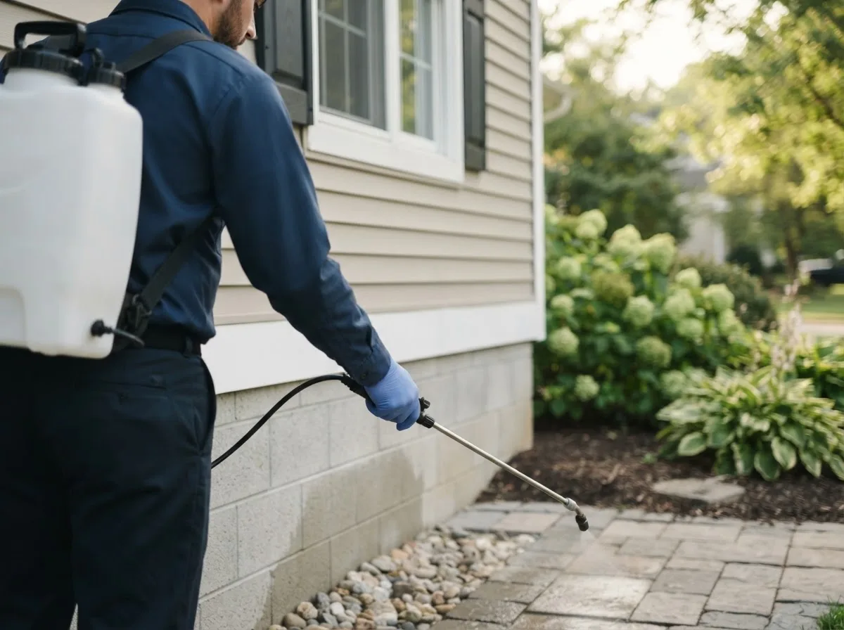 Pest control technician inspecting a home in Hutto, TX
